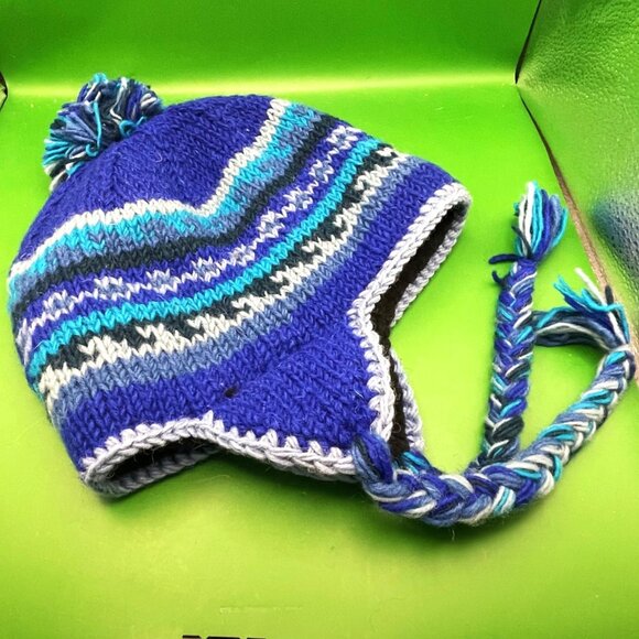 Gypsy Rose Handmade Knit Beanie Hat Chullo Fleece Lined Pom Braids Peruvian Boho - Picture 1 of 12